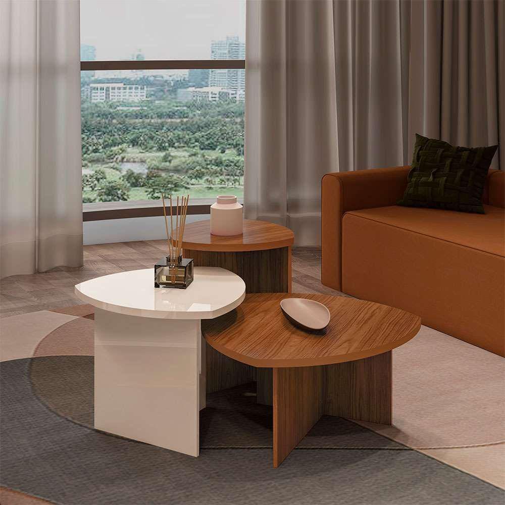 conjunto com 2 mesas laterais e 1 mesa de centro delta cedro e off white