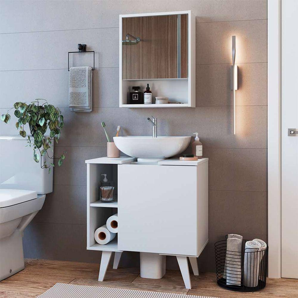 conjunto de gabinete e armário de banheiro com espelho slim 2 pt branco
