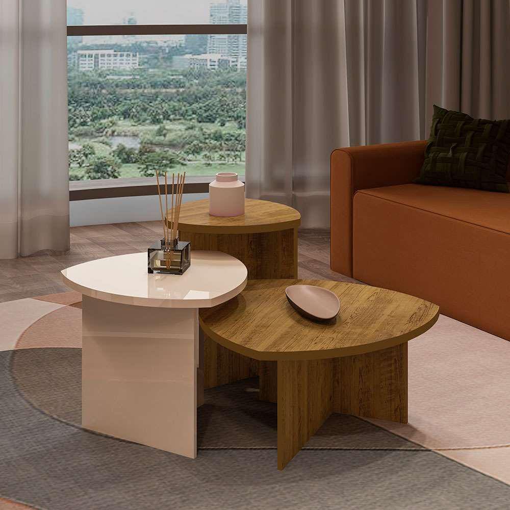 conjunto com 2 mesas laterais e 1 mesa de centro delta pinho e off white