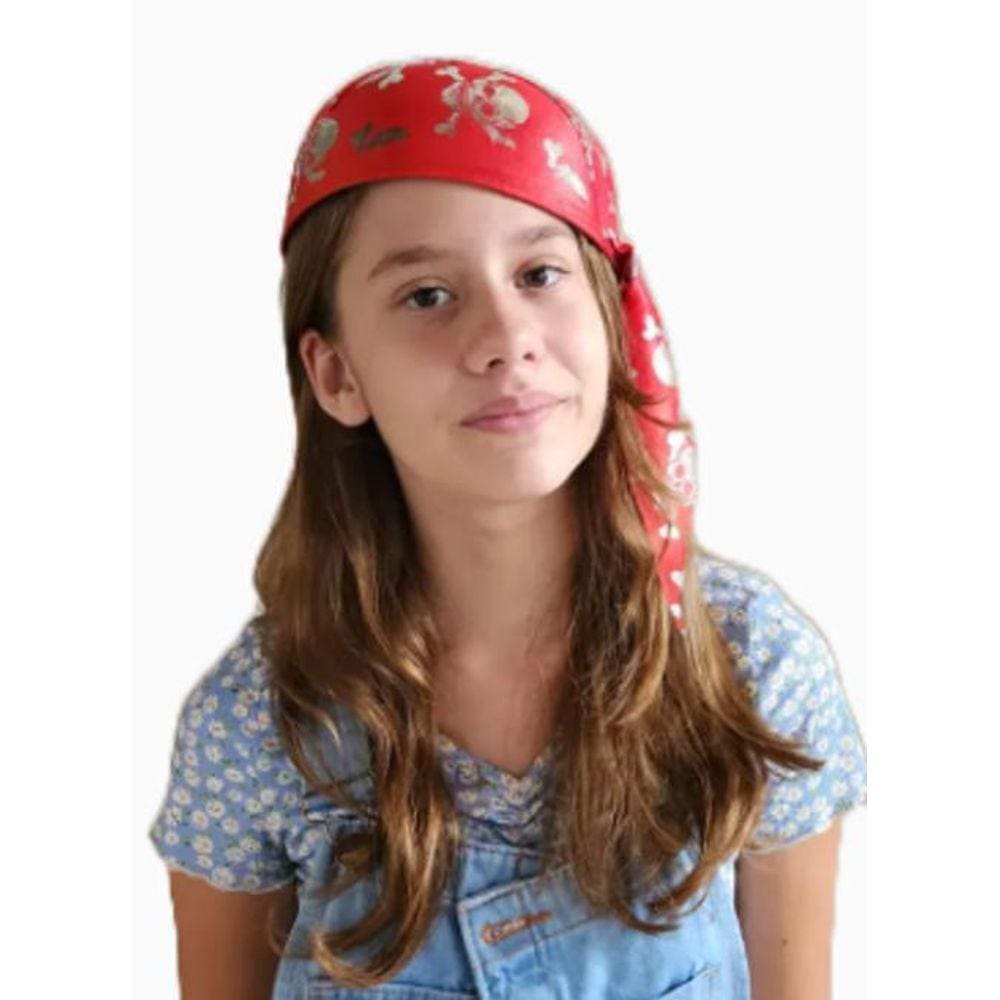 Chapéu Bandana Pirata Com Nó Vermelho Com Caveirinhas Prata