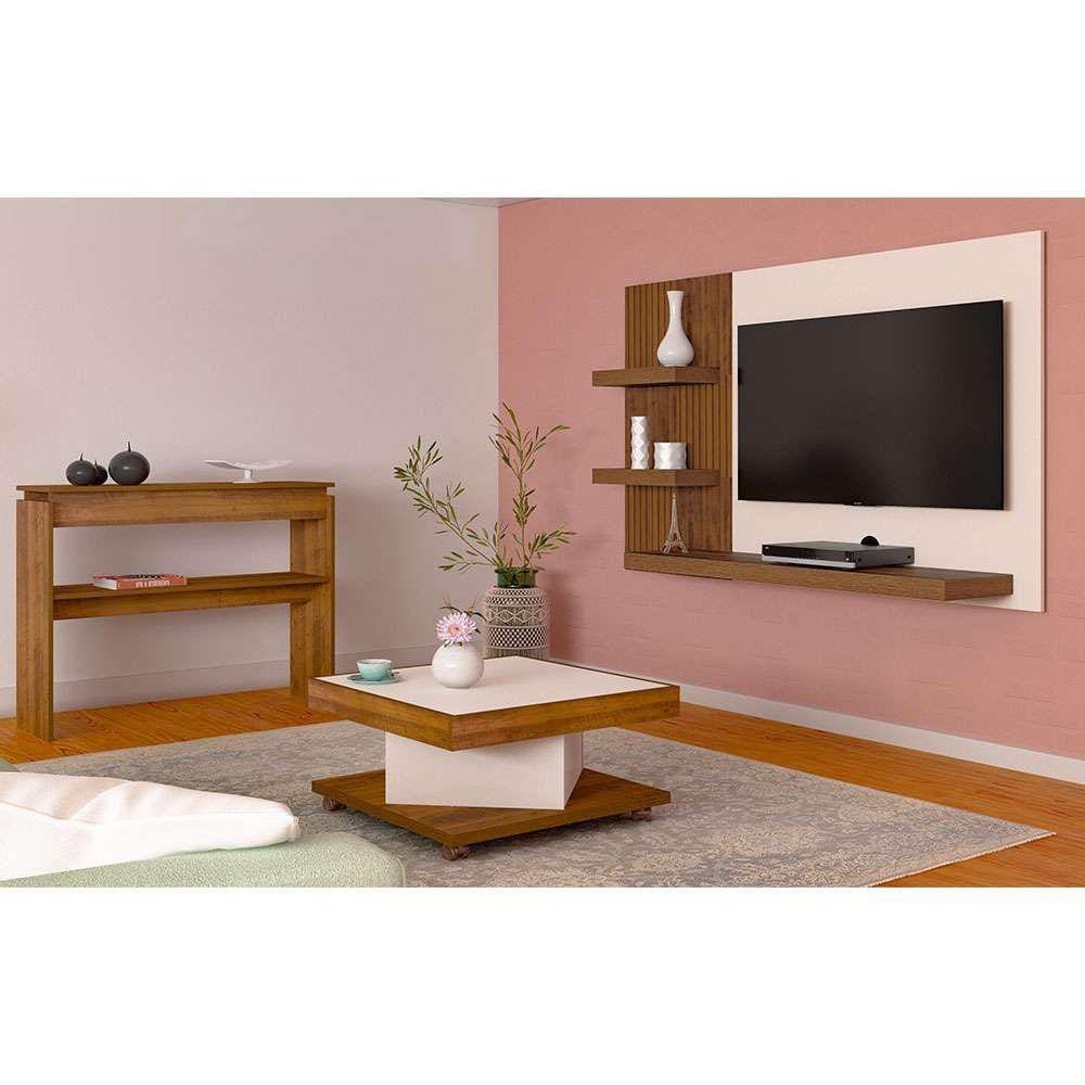 conjunto para sala de estar chess com painel para tv até 50 polegadas, aparador e mesa de centro pinho e off white