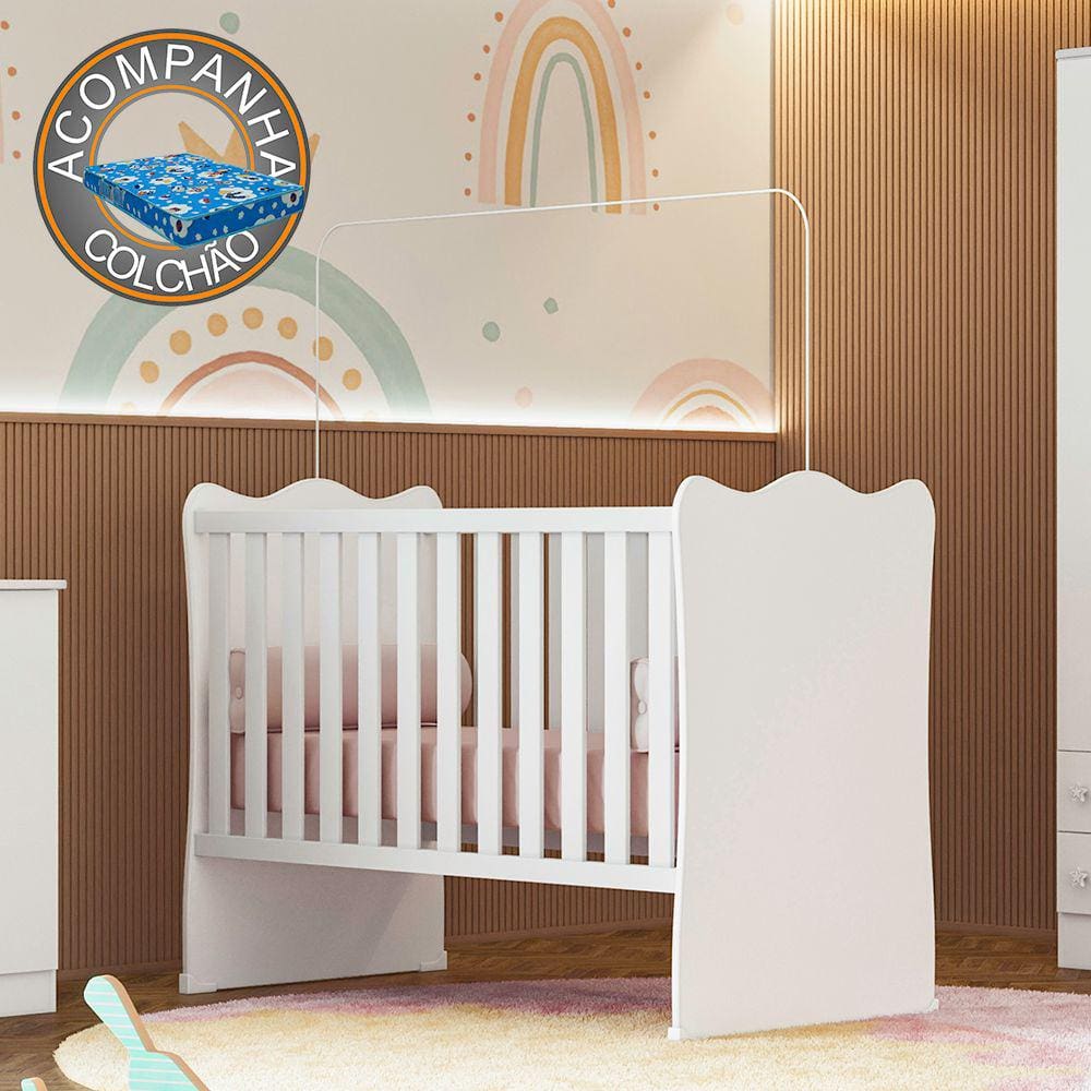 Berço Simples Doce Sonho 1 Qmovi Branco + Colchão Ortobom
