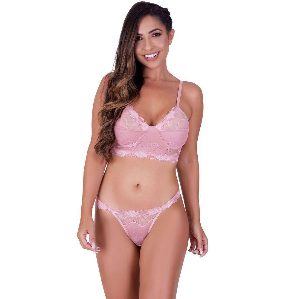 Conjunto fio sexy sem bojo e com arco em renda de poliamida rosa romance