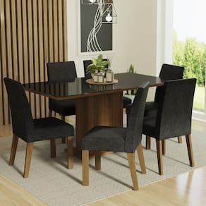 Conjunto Sala de Jantar Mesa Tampo de Vidro 6 Cadeiras Rustic/Preto/Oxford Alexis Madesa