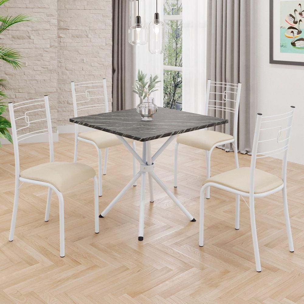 Conjunto Sala de Jantar Mesa Quadrada70x70cm Tampo Ardósia Indiana 4 Cadeiras Paraty Creme / Branco