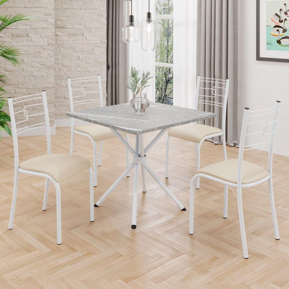 Conjunto Sala de Jantar Mesa Quadrada 70x70cm Tampo Granito Topázio 4 Cadeiras Paraty Creme / Branco
