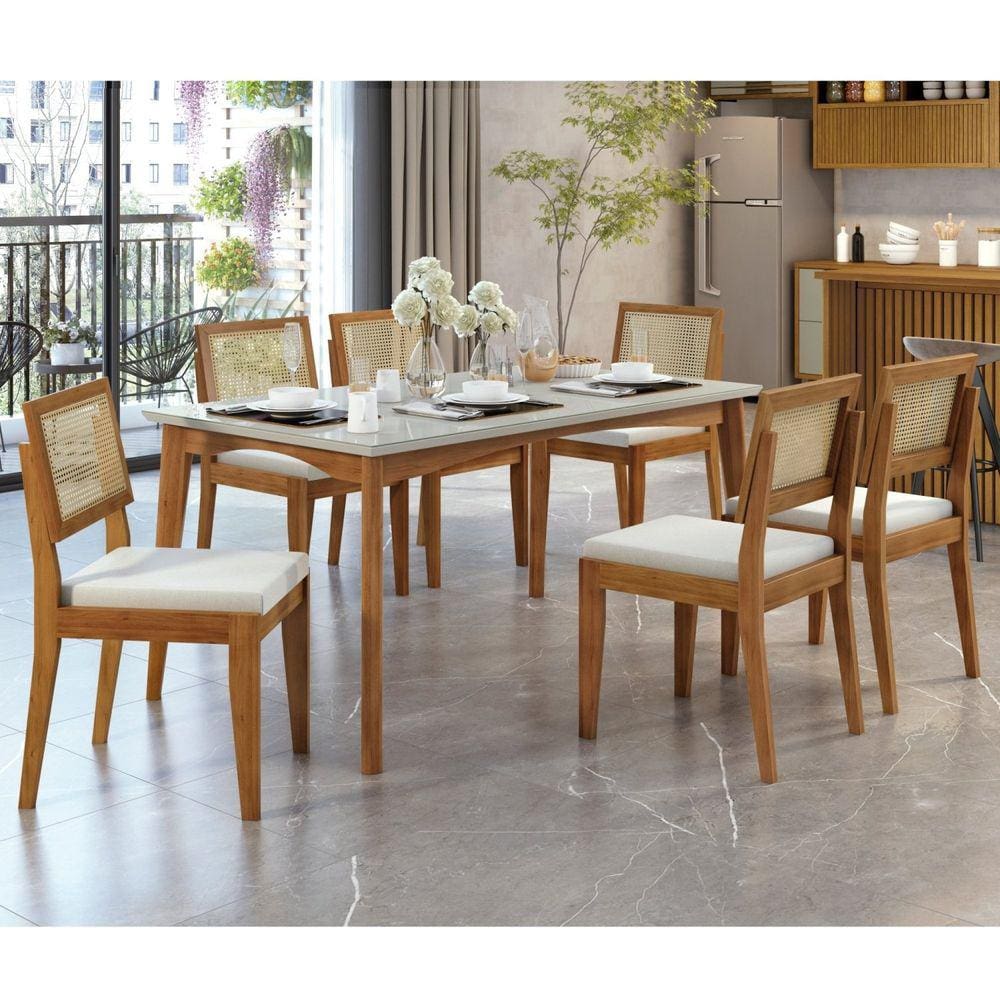 Conjunto Sala de Jantar Mesa Monalisa com 6 Cadeiras Rainha Mel Natural/Off White