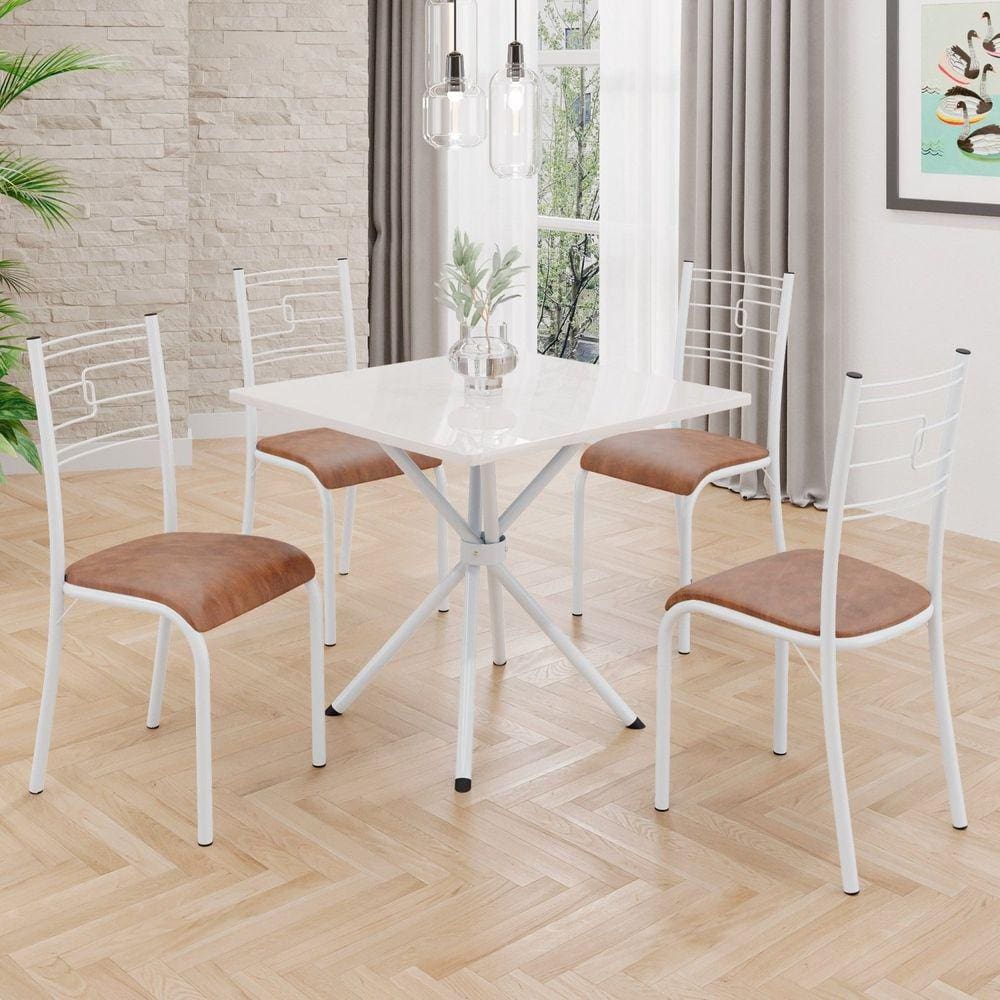 Conjunto Sala de Jantar Mesa Quadrada 70x70cm Tampo Mdp Off White 4 Cadeiras Paraty Courino Marrom / Branco