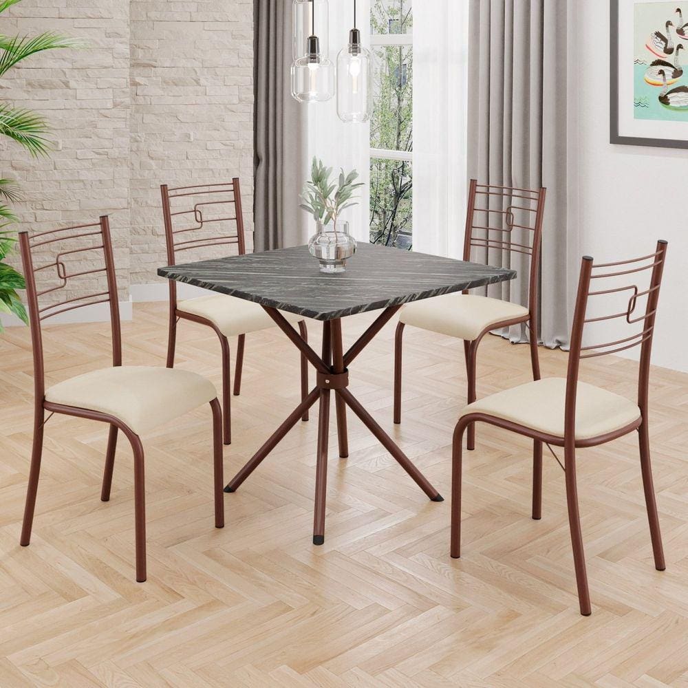 Conjunto Sala de Jantar Mesa Quadrada 70x70cm Tampo Mdp Ardósia Indiana 4 Cadeiras Paraty Creme / Marrom