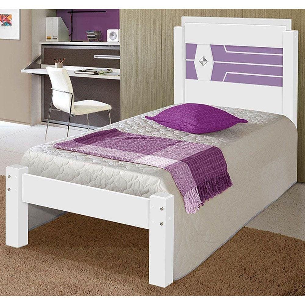 Cama Solteiro Lívia Branco/Branco/Lilás com Colchão Carmolar