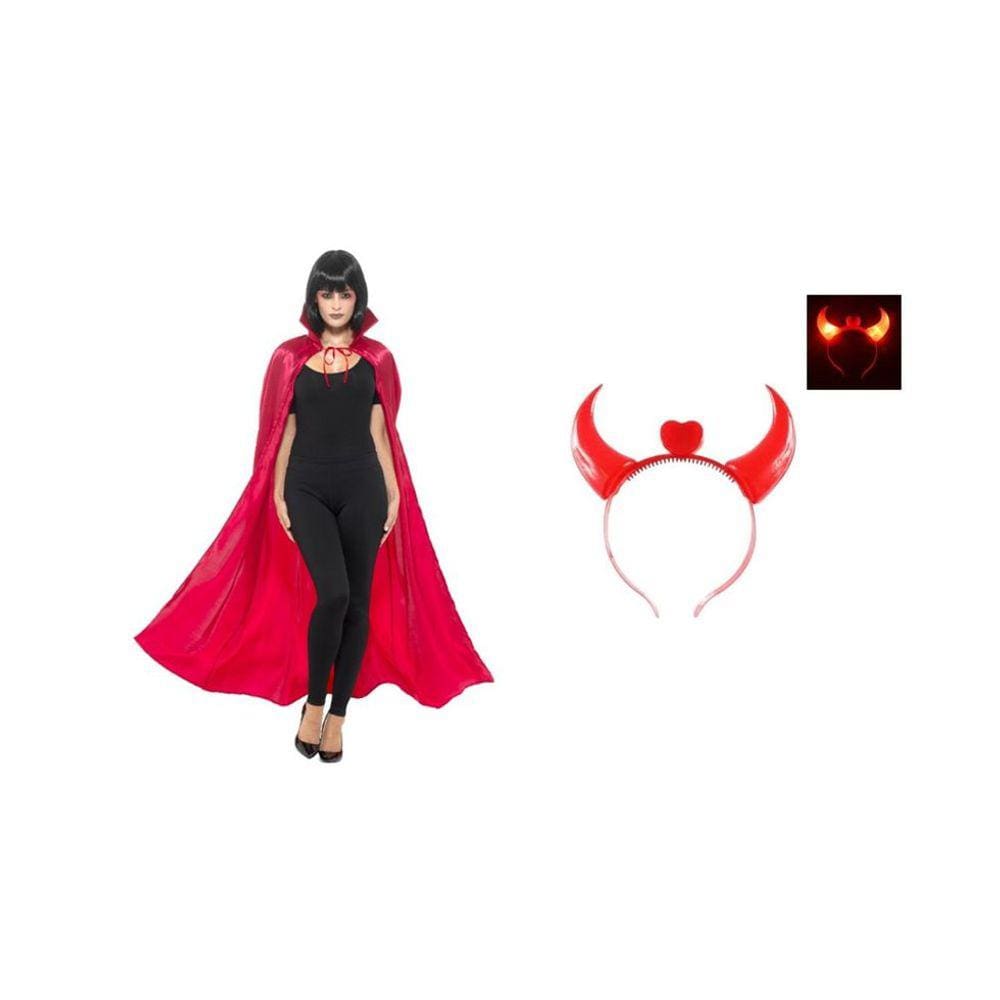 Fantasia Diabinha Capa E Tiara Chifre Led Vermelha Adulto