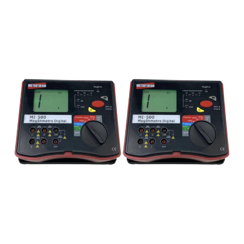 Kit 2 Megôhmetro Digital Tensão 1000 A 5000V Resistência 200 Gigaohm Hold Mi-500 Portátil Instrutherm Maleta Ponta Prova
