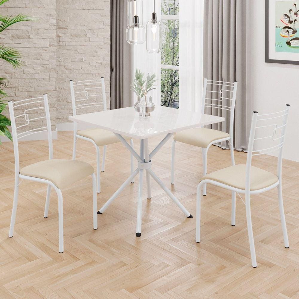 Conjunto Sala de Jantar Mesa Quadrada 70x70cm Tampo Mdp Off White 4 Cadeiras Paraty Creme / Branco
