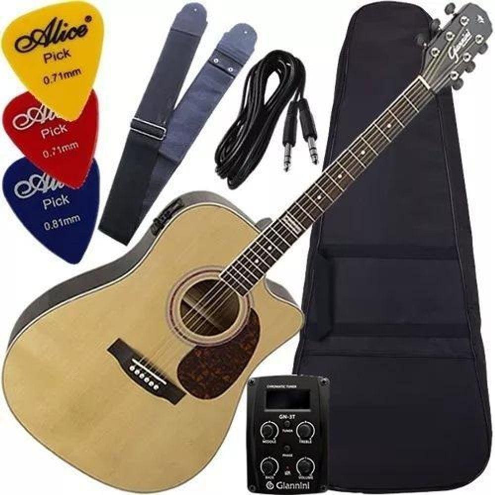 Kit Violão Eletroacústico Aço Folk Gf1D Nt Giannini Mod2017