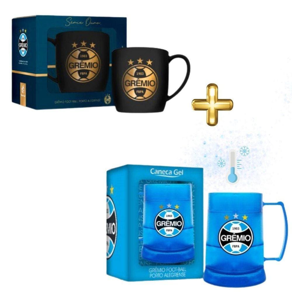 Kit 1 Caneca Xícara Preta Dourado Porcelana Urban + 1 Caneca