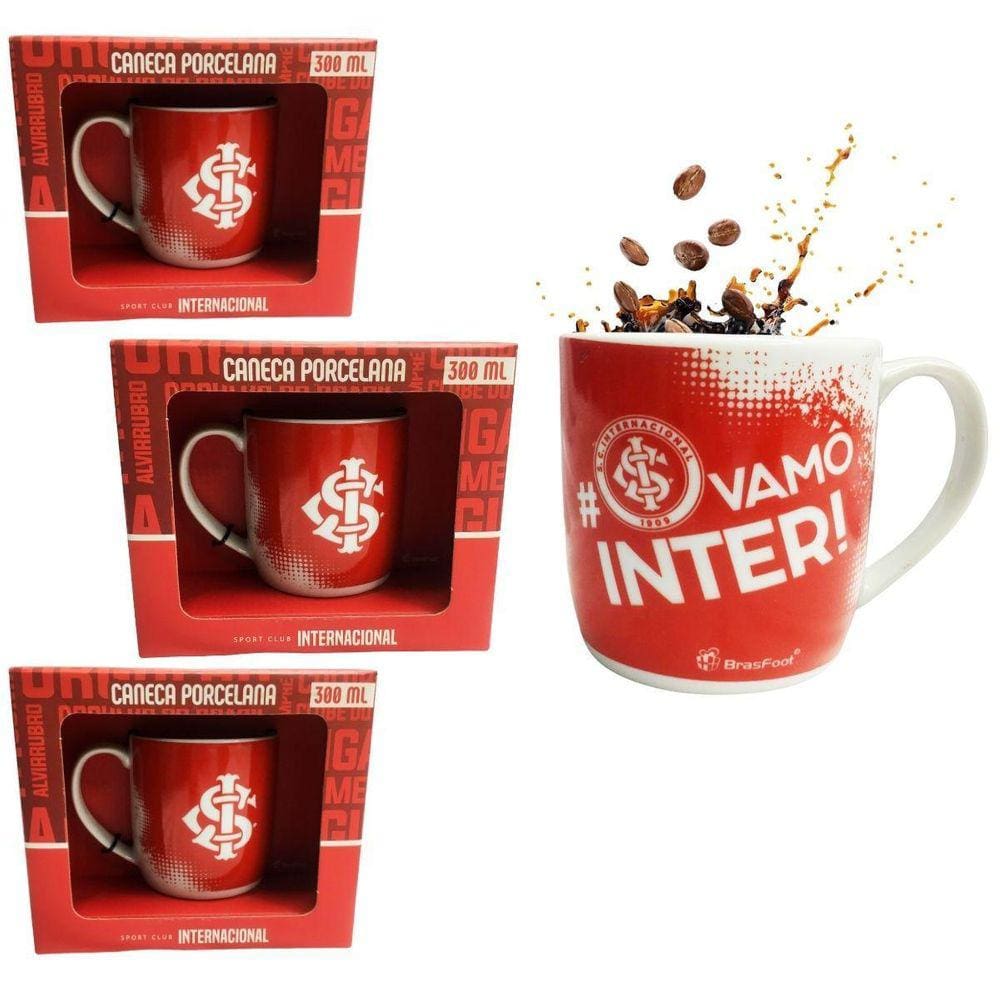 Kit 3 Canecas Porcelana Vermelho Branco Urban 300Ml Café