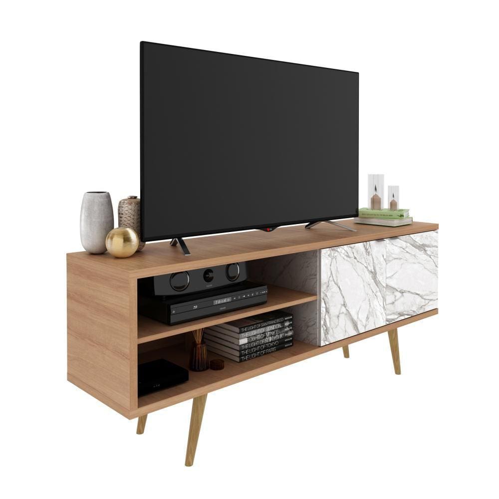 Rack para TV até 55 Polegadas com 2 Portas Tecnomobili Amêndoa/Mármore Branco - R1482