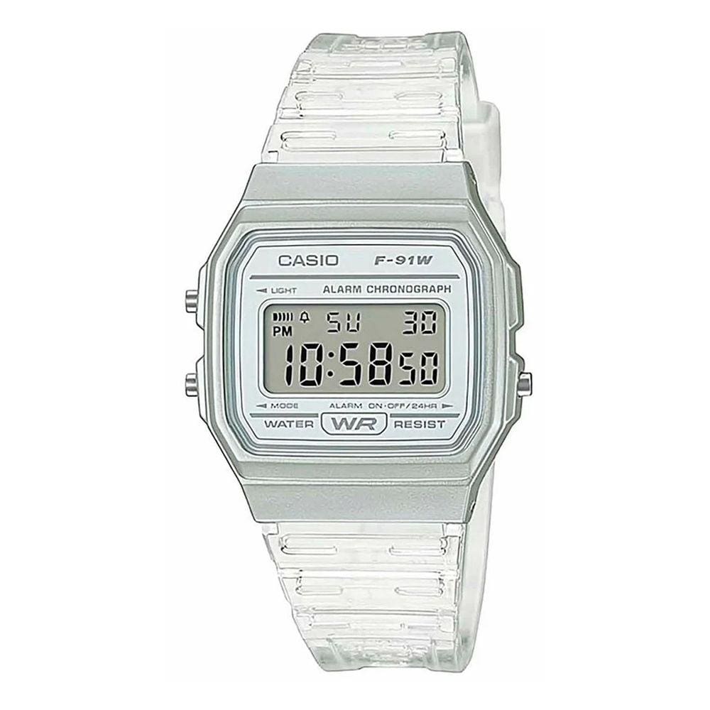 Relogio Casio Digital Cinza Pulseira Transparente F-91ws-7df
