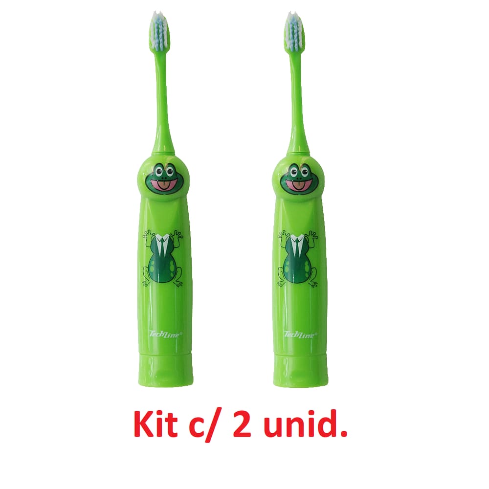 Kit 2 Un Escova Dental Elétrica Infantil Sapo Verde Techline