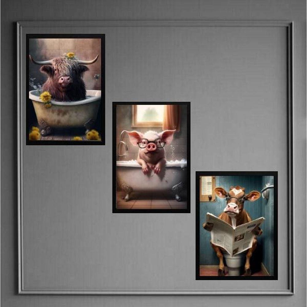 Kit 3 Quadros Divertidos Banheiro De Sítio 45X34Cm