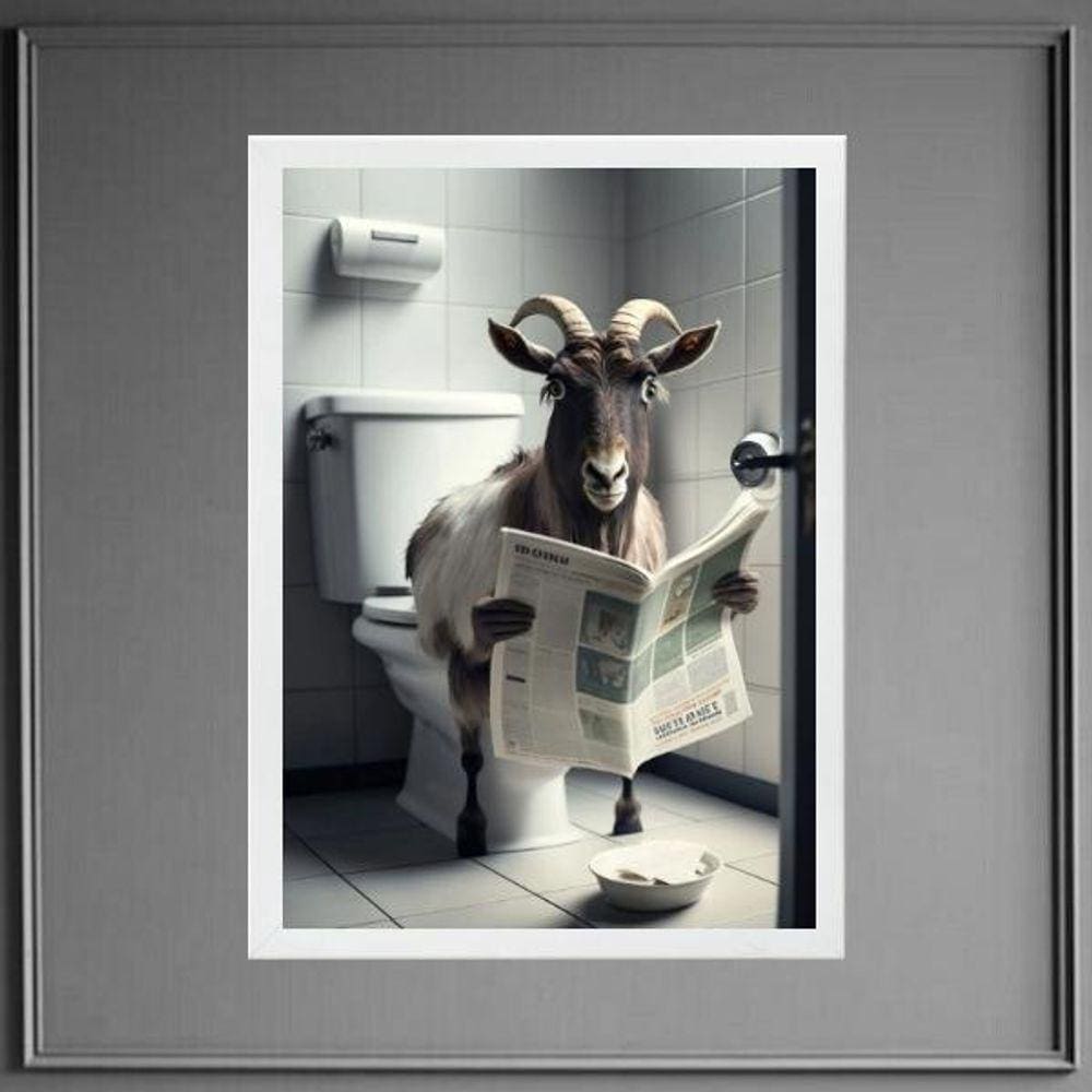 Quadro Bode No Banheiro Lendo Jornal 33X24Cm