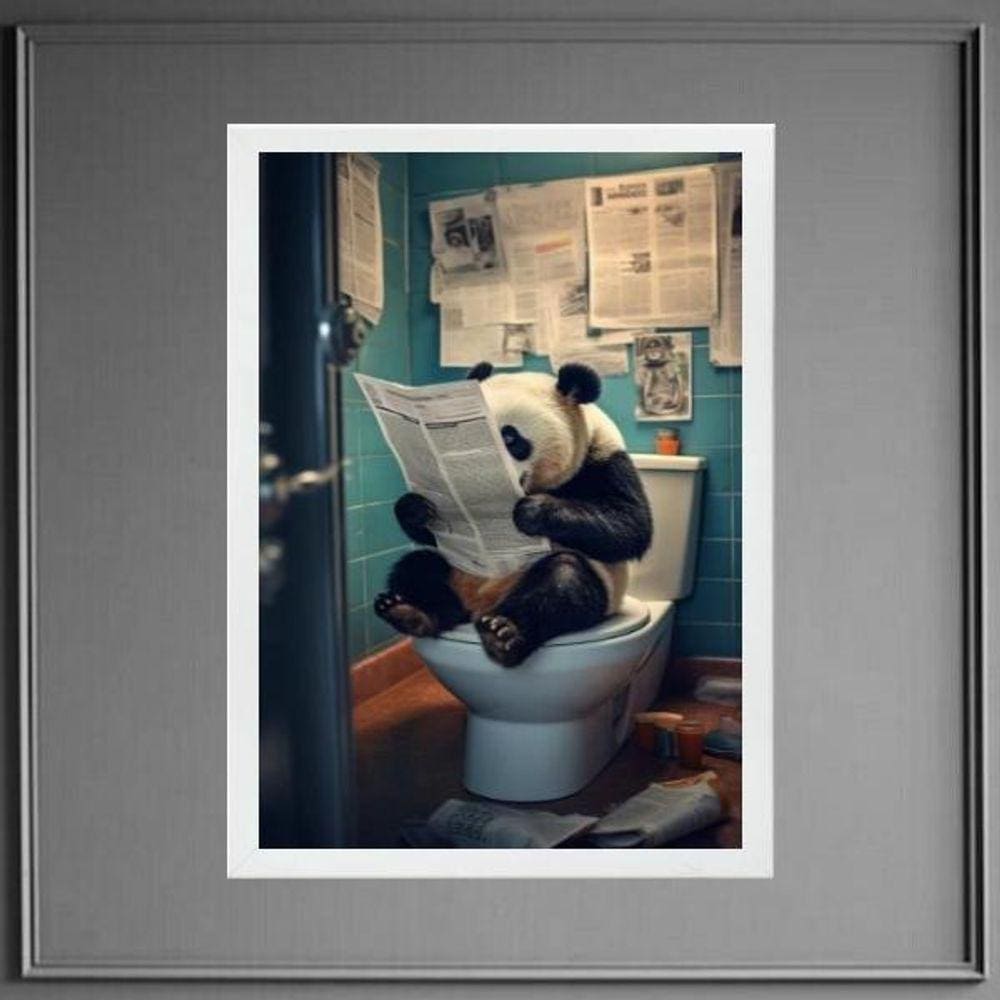 Quadro Panda No Banheiro Lendo Jornal 24X18Cm