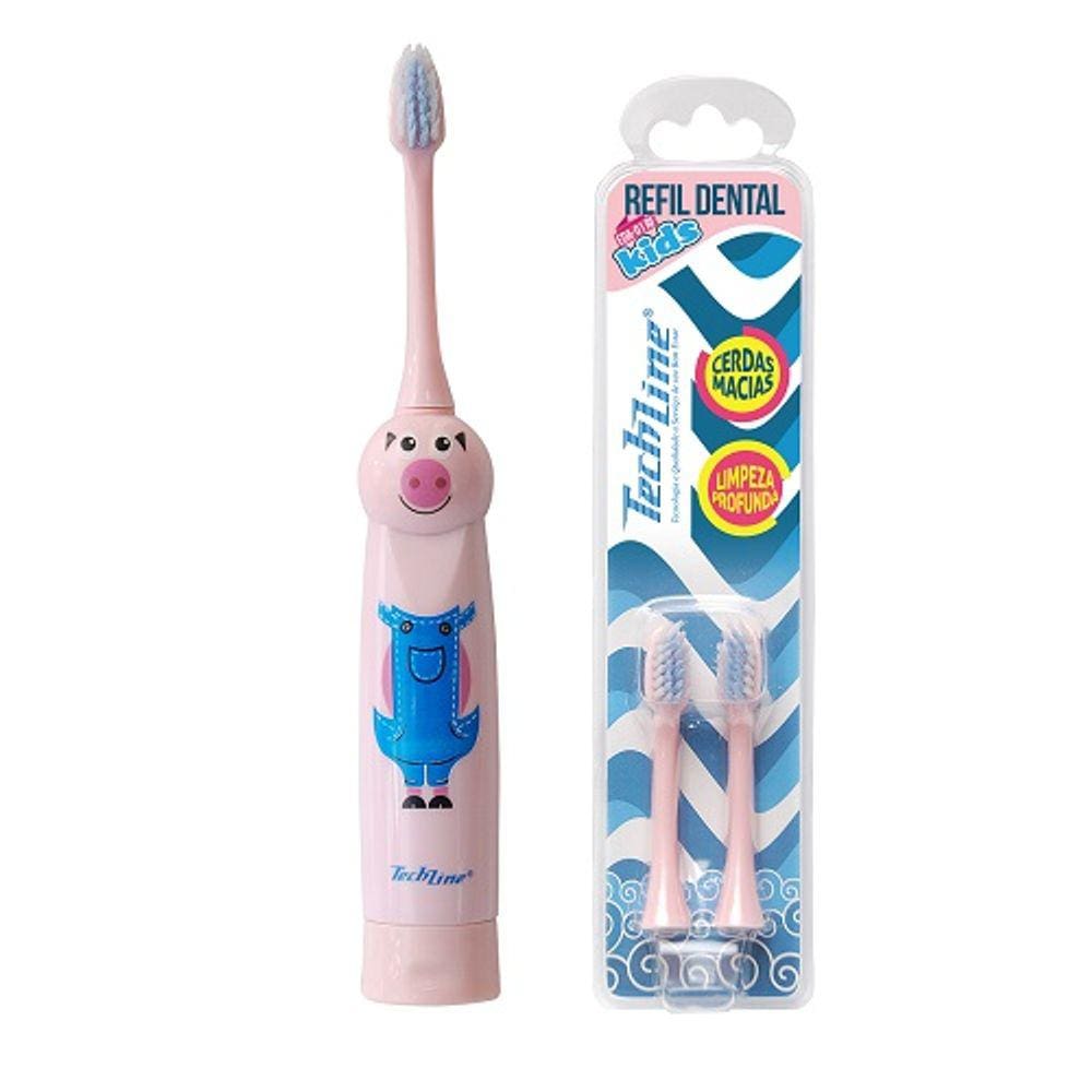 Kit Escova Dental Infantil + Refil Rosa - Porco Techline