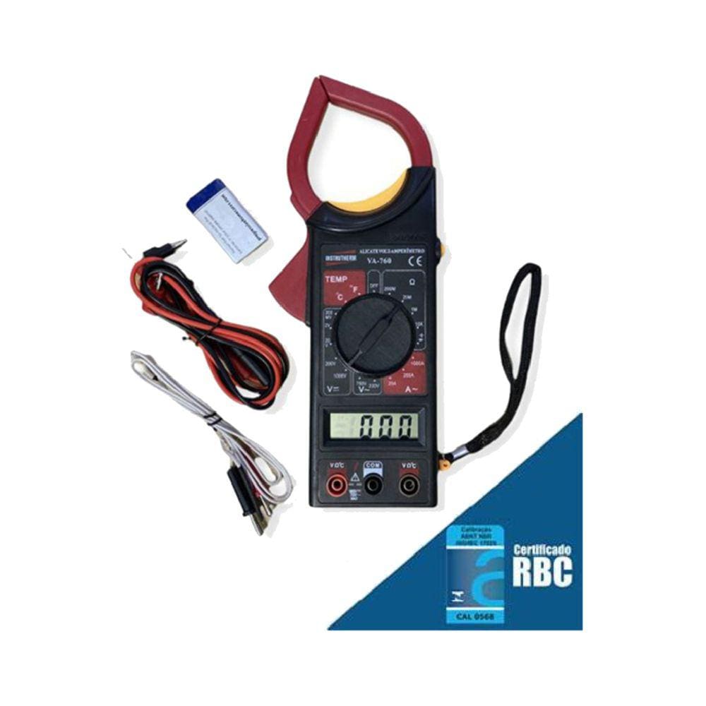 Alicate Volt Amperímetro Digital Tensão Continuidade Corrente Resistência Temperatura Va-760 Portátil Certificado Rbc