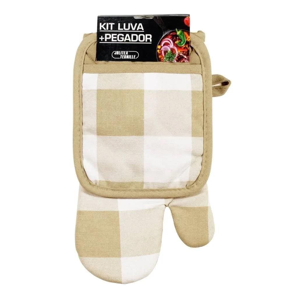 Kit Luva E Pegador Estampado Xadrez Bege Jolitex