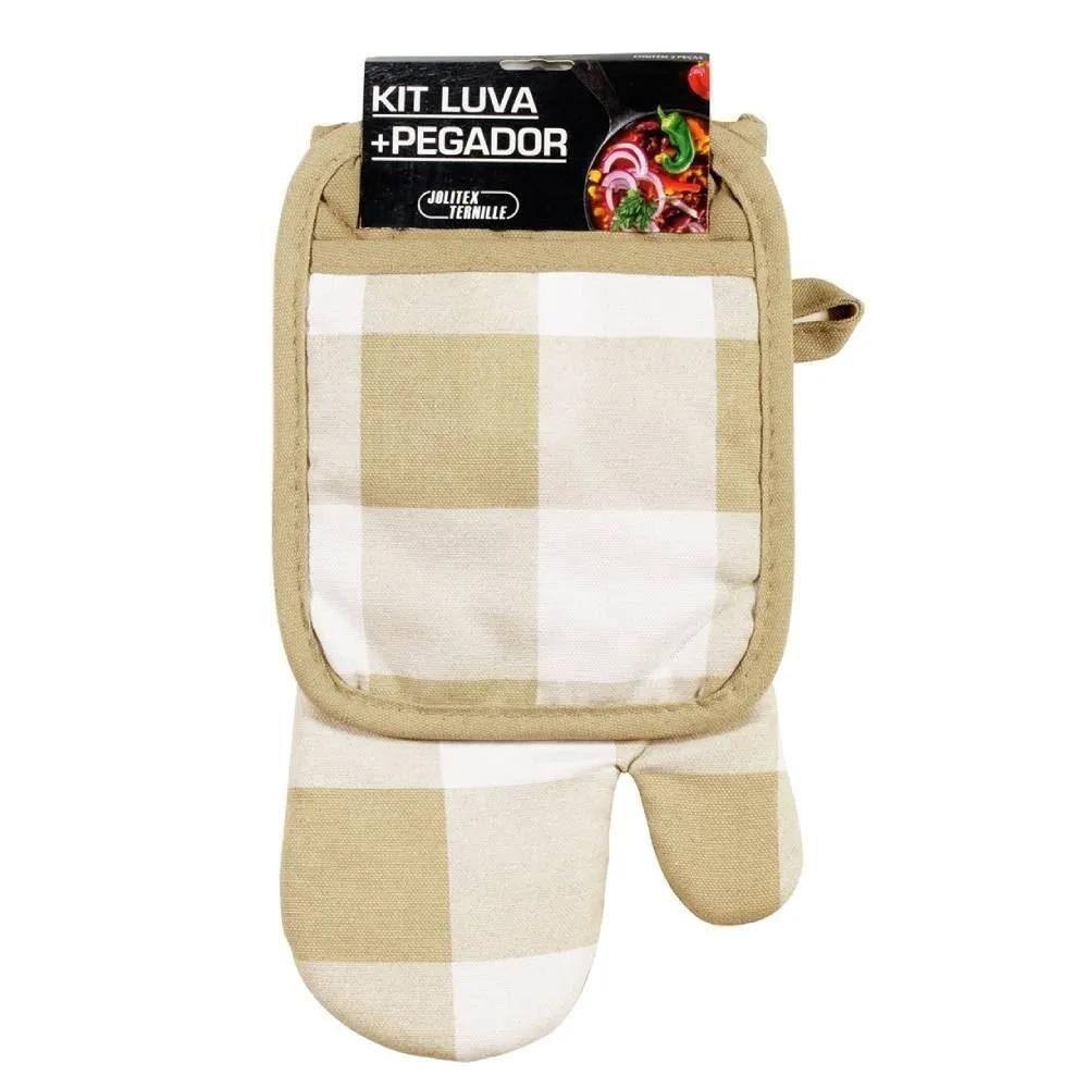 Kit Luva E Pegador Estampado Xadrez Bege Jolitex