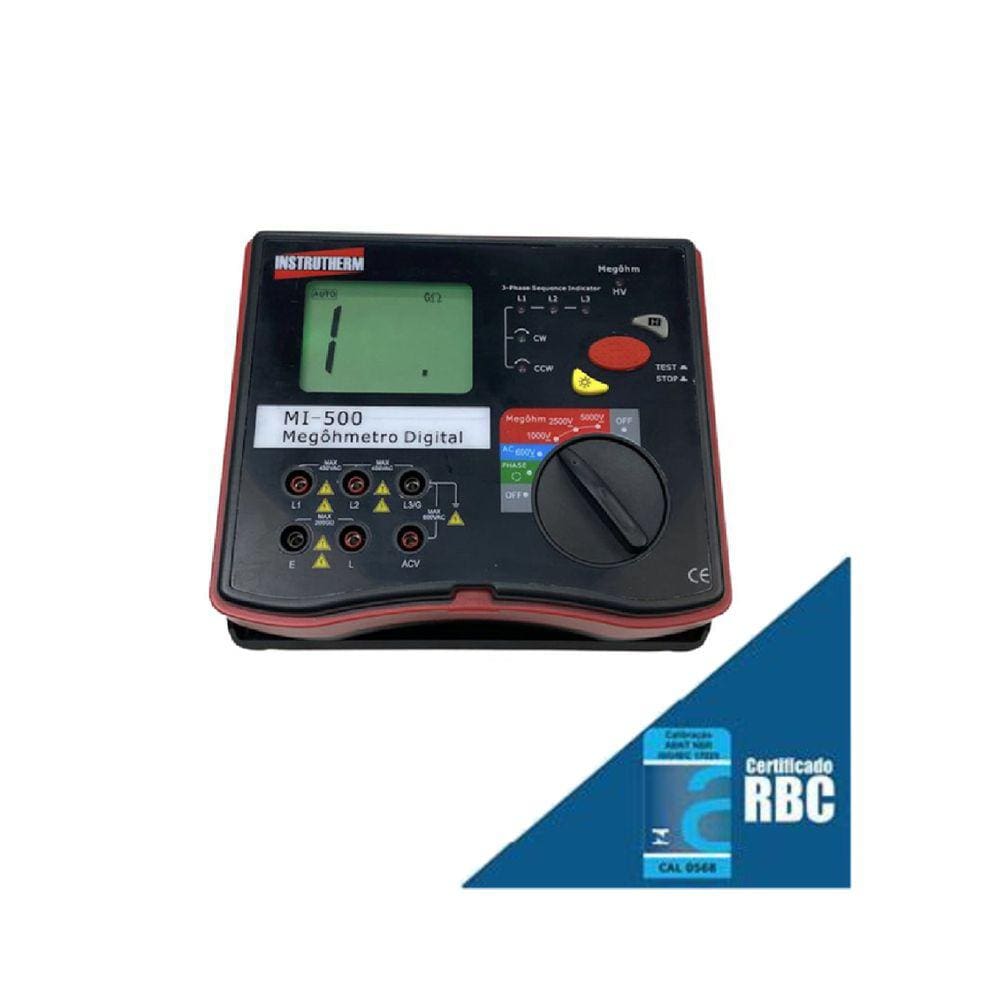 Megôhmetro Digital Faixa 5000v 200 Gigaohm Hold Mi-500 Portátil Instrutherm Maleta Certificado Acreditada Rbc