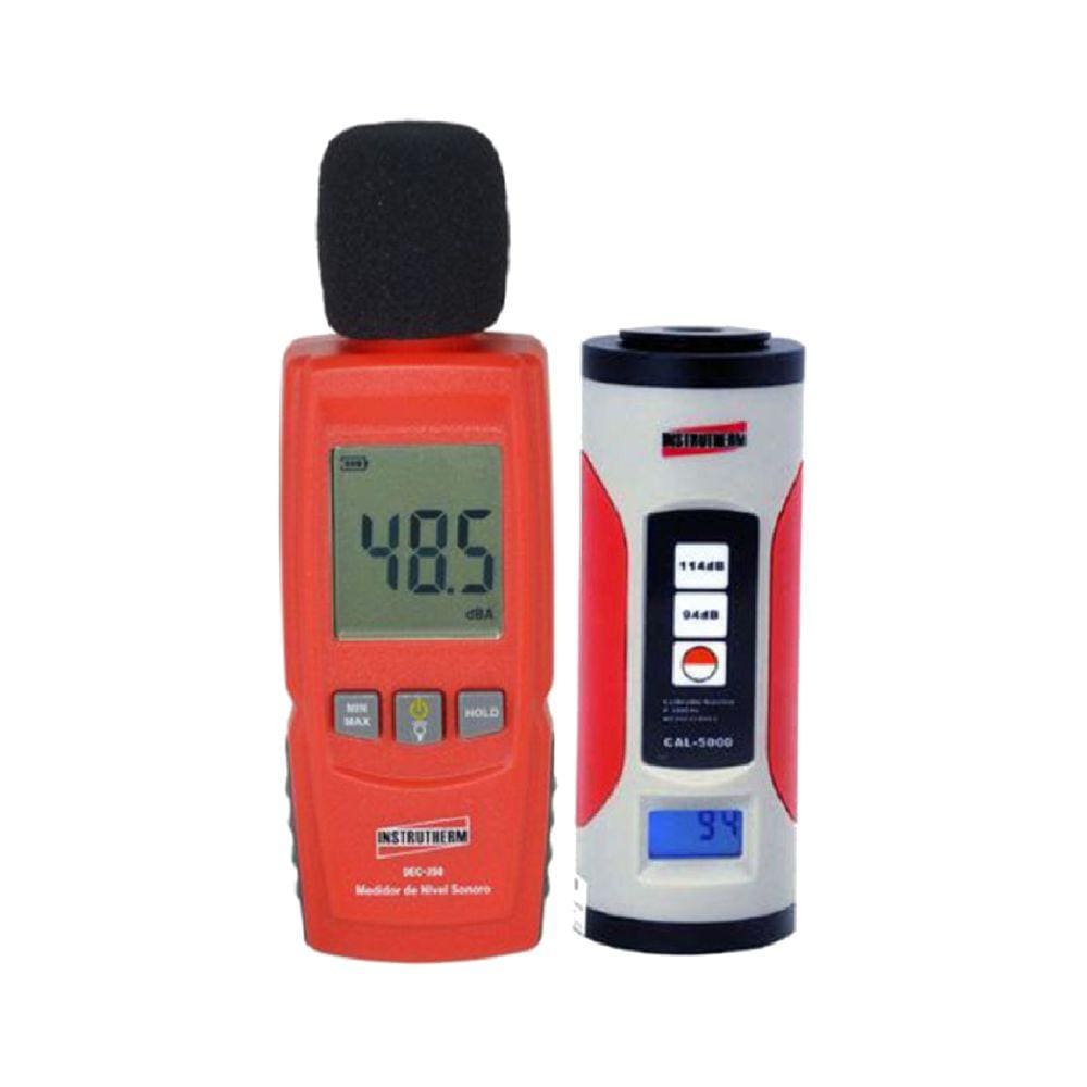 Kit Decibelímetro Digital Sonoro 30 A 130Db Máx Mín Hold Microfone Alarme Dec-350 Portátil Calibrador Acústico Cal-5000