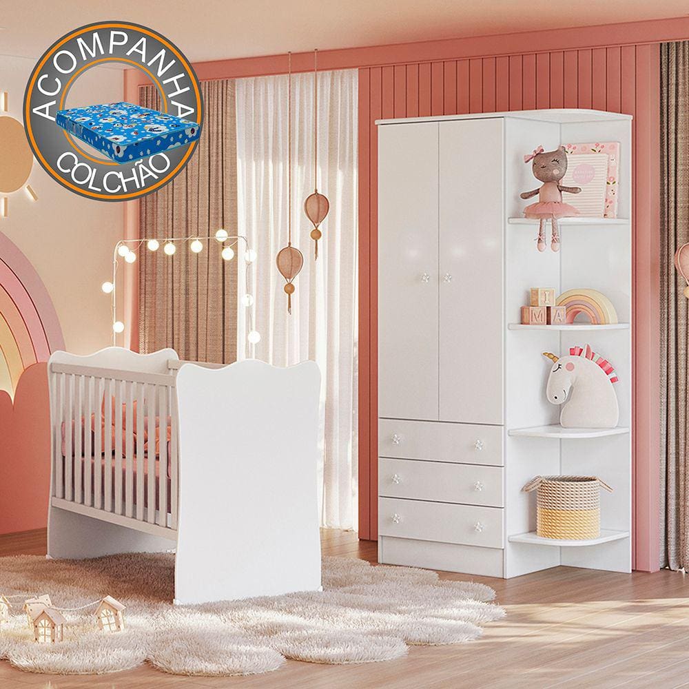 Quarto de Bebê Doce Sonho com Roupeiro 825 e Berço Simples 1 Qmovi Branco + Colchão Ortobom