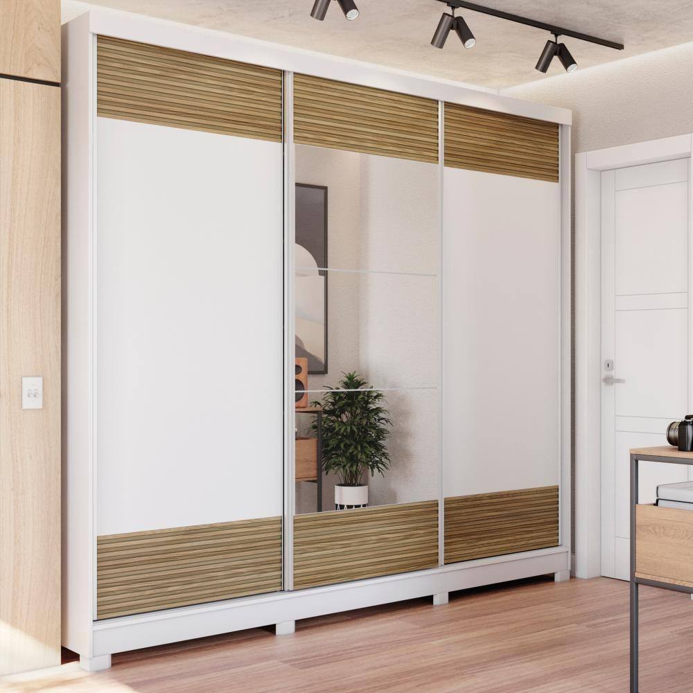 Guarda-Roupa Casal 100% MDF Kappesberg c/Pés e 3 Espelhos 3 Portas de Correr 6 Gavetas Branco/Nogueira