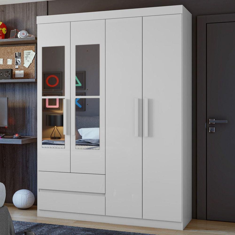 Guarda-Roupa Solteiro com Espelho 4 Portas 2 Gavetas Zeus Branco