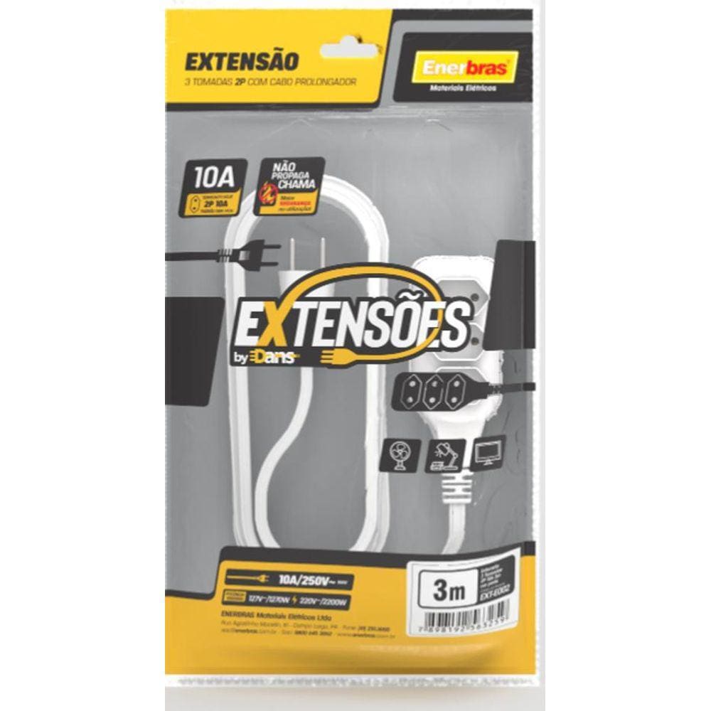 Extensão 3 Tomadas 2P 10A Branco 3 Metros Bivolt - Enerbras