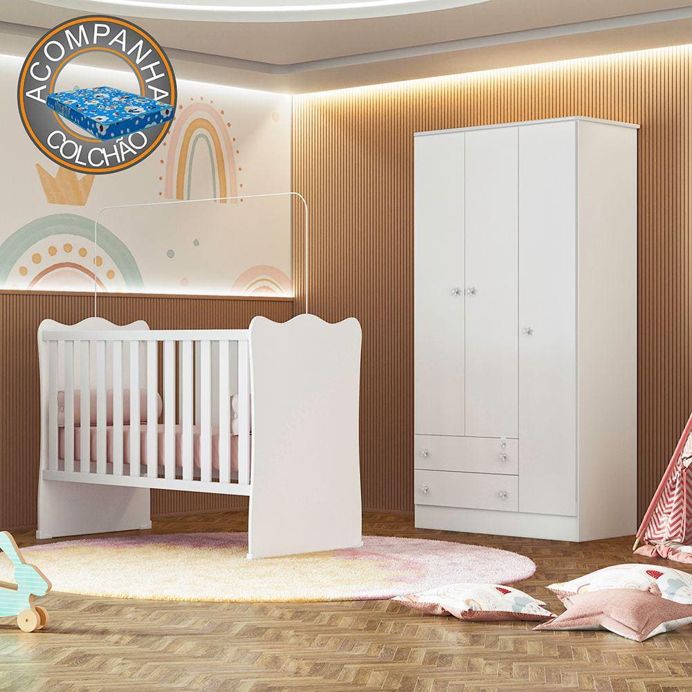 Quarto de Bebê Doce Sonho com Roupeiro 2617 e Berço Simples 1 Qmovi Branco + Colchão Ortobom