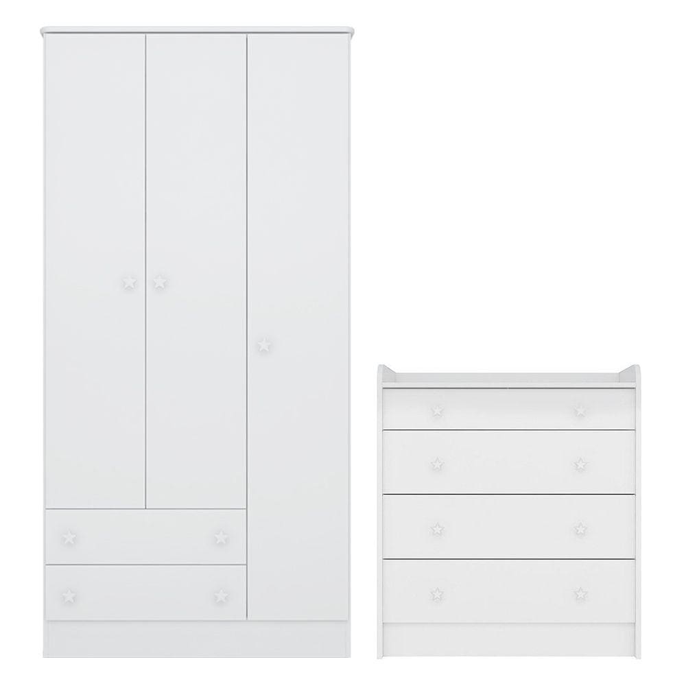 Quarto de Bebê Doce Sonho com Roupeiro 2617 e Cômoda 2523 Qmovi Branco