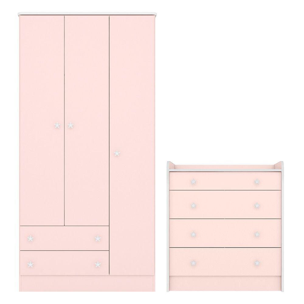 Quarto de Bebê Doce Sonho com Roupeiro 2617 e Cômoda 2523 Qmovi Rosa Acetinado