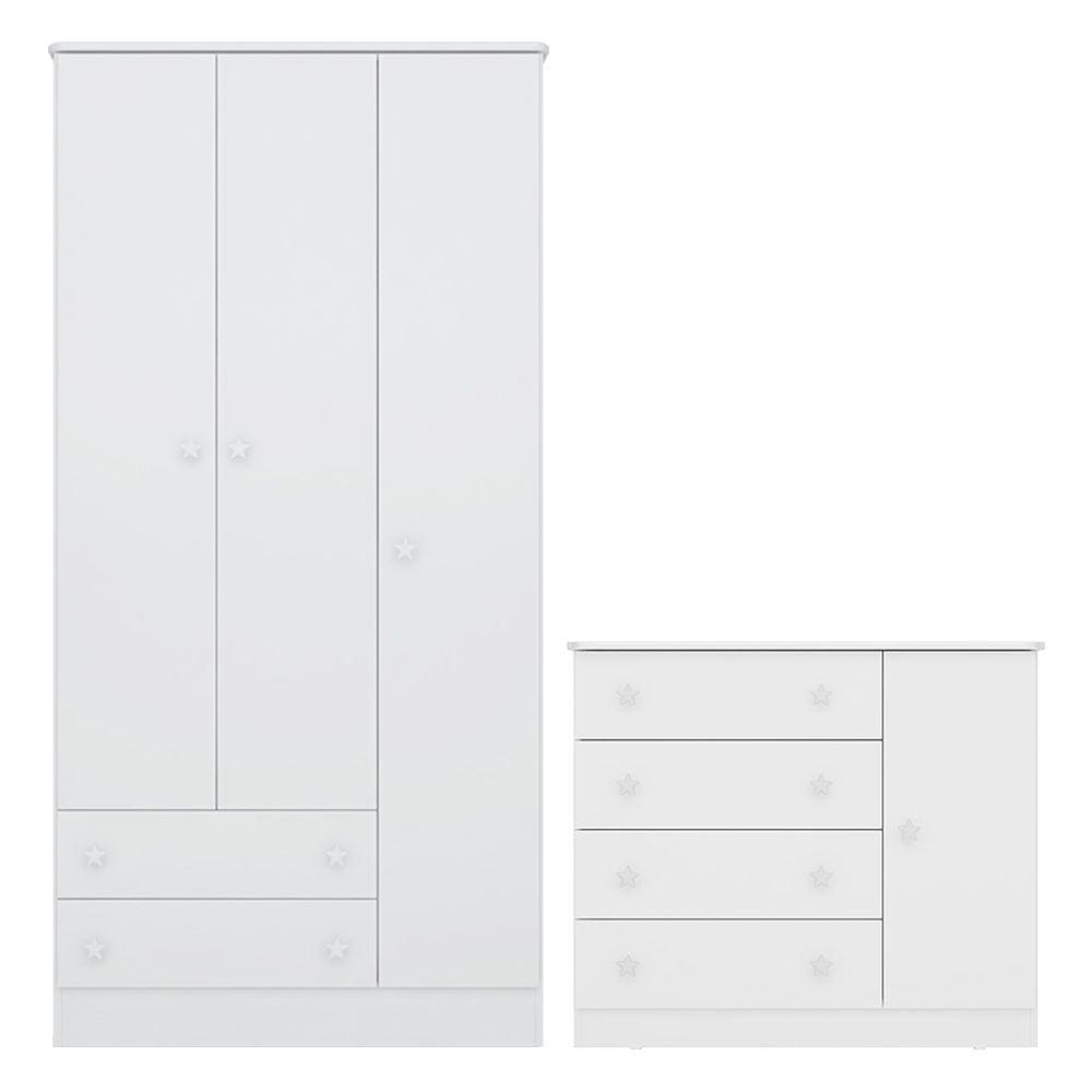 Quarto de Bebê Doce Sonho com Roupeiro 2617 e Cômoda Sapateira 2561 Qmovi Branco
