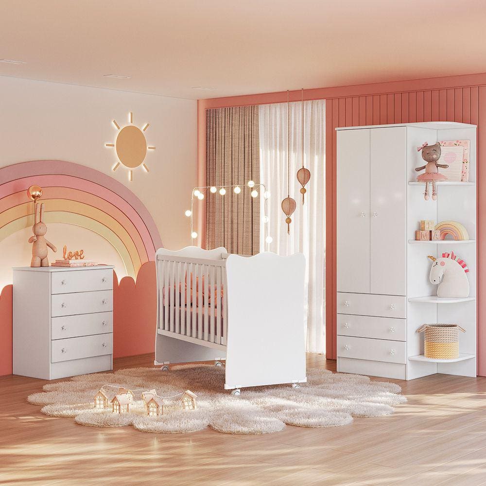 Quarto de Bebê Doce Sonho Completo c/ Rodízios Qmovi Branco