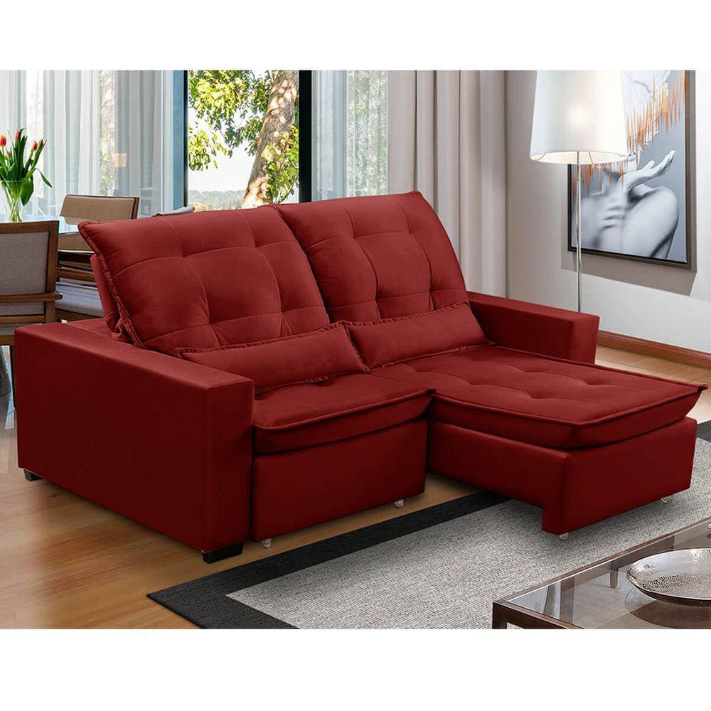 Sofa Retratil Reclinavel 2 Lugares 2,70m Atlantis Veludo Bordô LansofBR