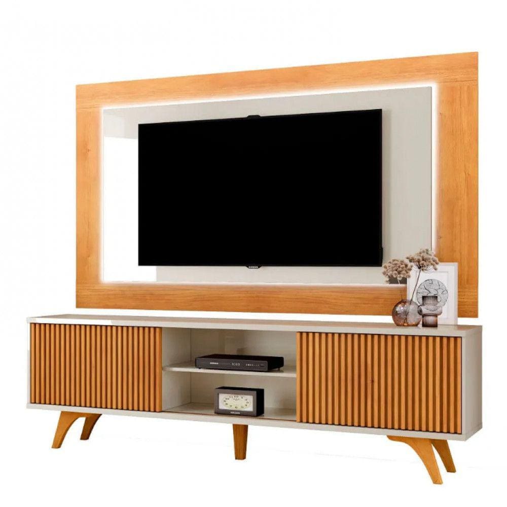 Painel Atenas Com Rack Valência C/LED Pés Madeira Maciça Mavaular