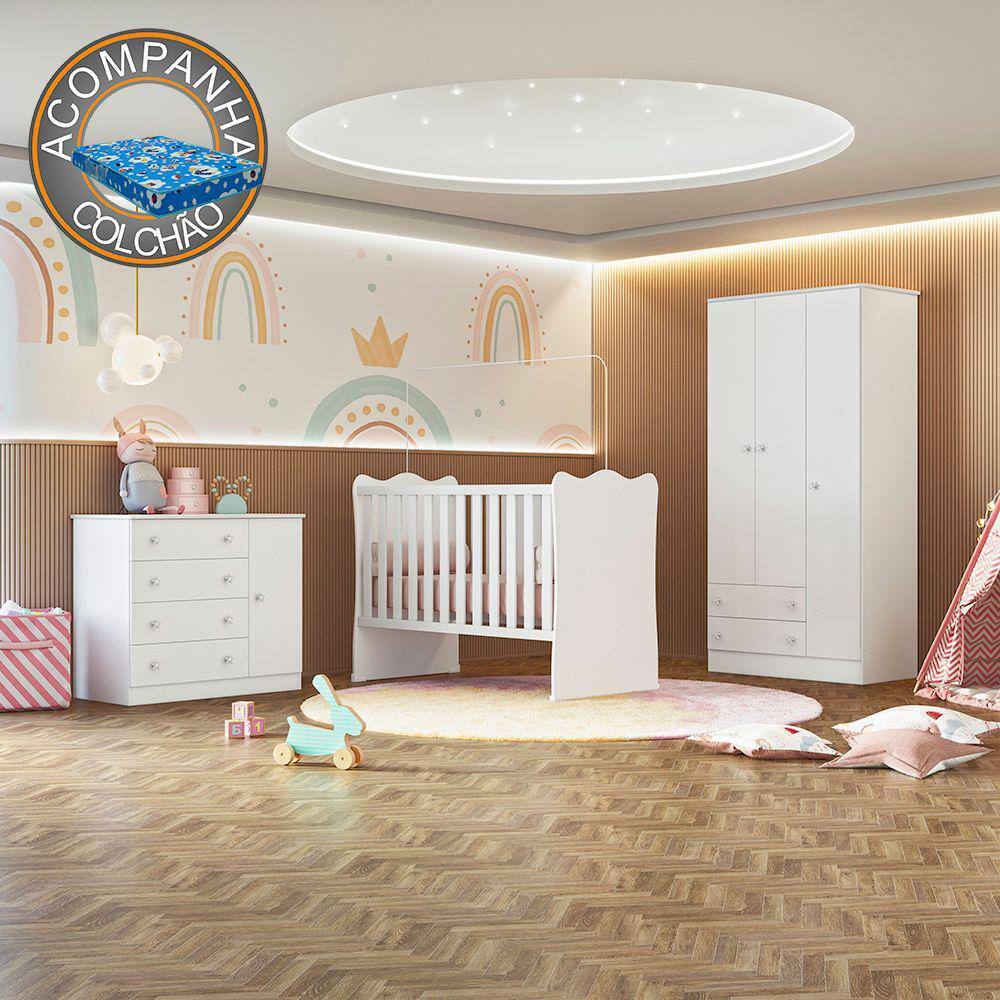 Quarto de Bebê Doce Sonho Completo com Cômoda Sapateira Qmovi Branco + Colchão Ortobom