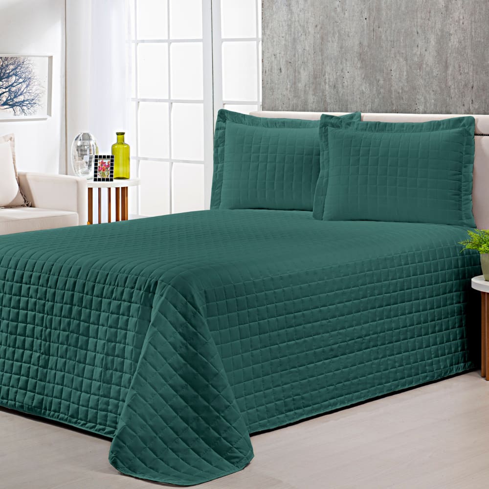 Colcha Cobre Leito Queen com Porta Travesseiro 300 Fios Toque Macio Kit 3 Peças Verde
