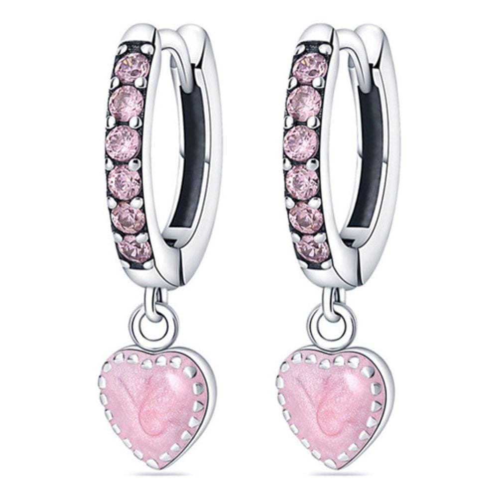 Brinco Argola Zircônias Pingente Coração Rosa Prata 925