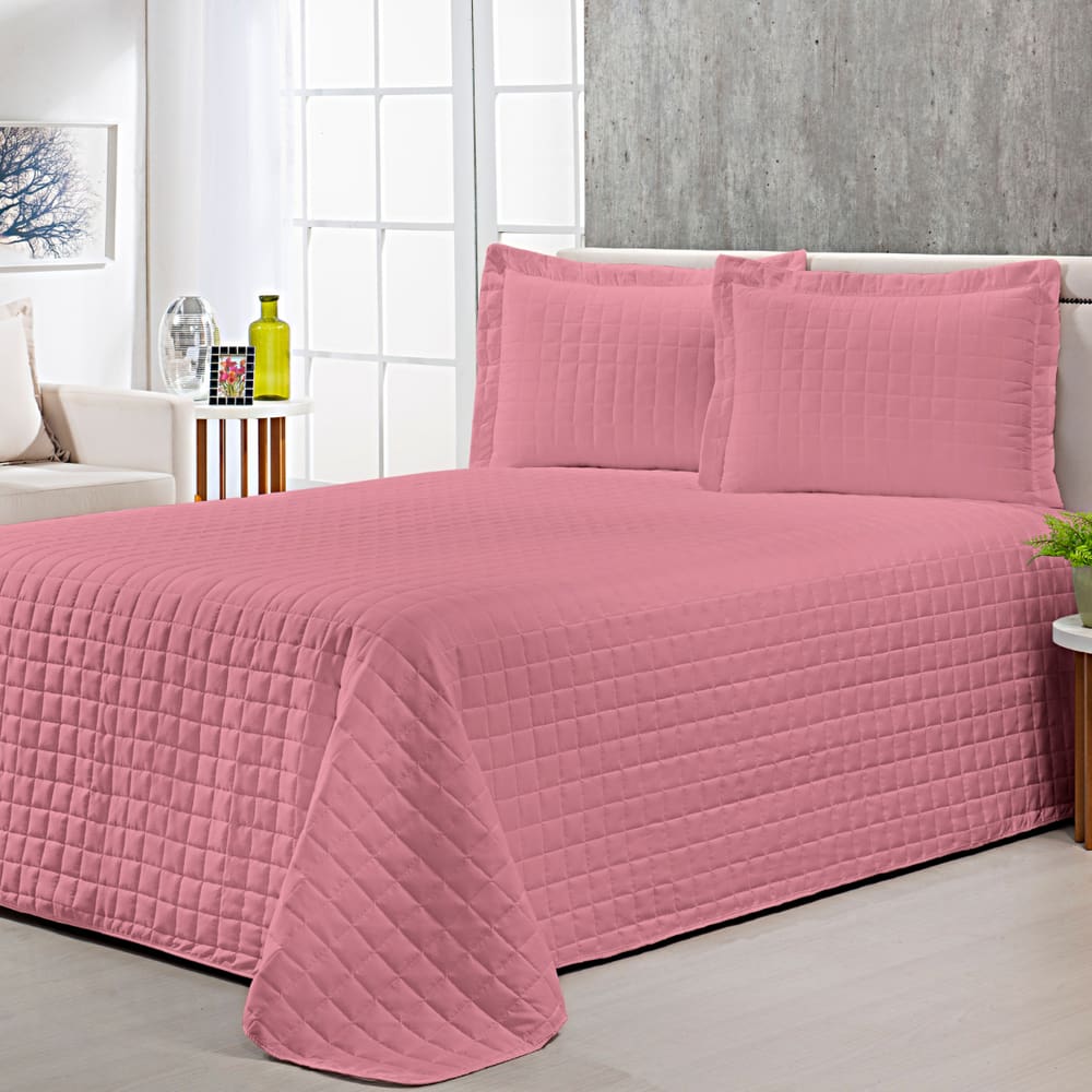 Colcha Cobre Leito Queen com Porta Travesseiro 300 Fios Toque Macio Kit 3 Peças Rosê