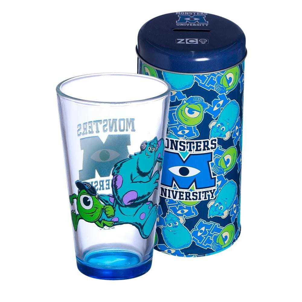 Universidade Monstros Kit Copo De Vidro 500ml + Cofre Metal Mike Sulley Oficial Disney
