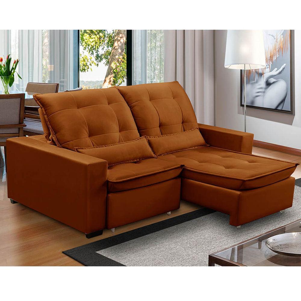 Sofa Retratil Reclinavel 2 Lugares 2,80m Atlantis Veludo Laranja LansofBR
