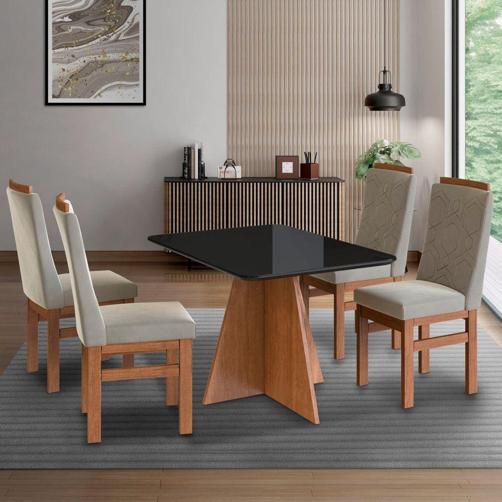 Conjunto Sala de Jantar Mesa 90x120cm Tampo de Vidro com 4 Cadeiras Madeira Maciça Cenela/Preto/Creme